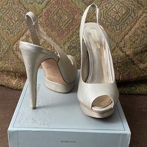 BCBGMaxAzria Gold Peep-Toe Slingback Heels